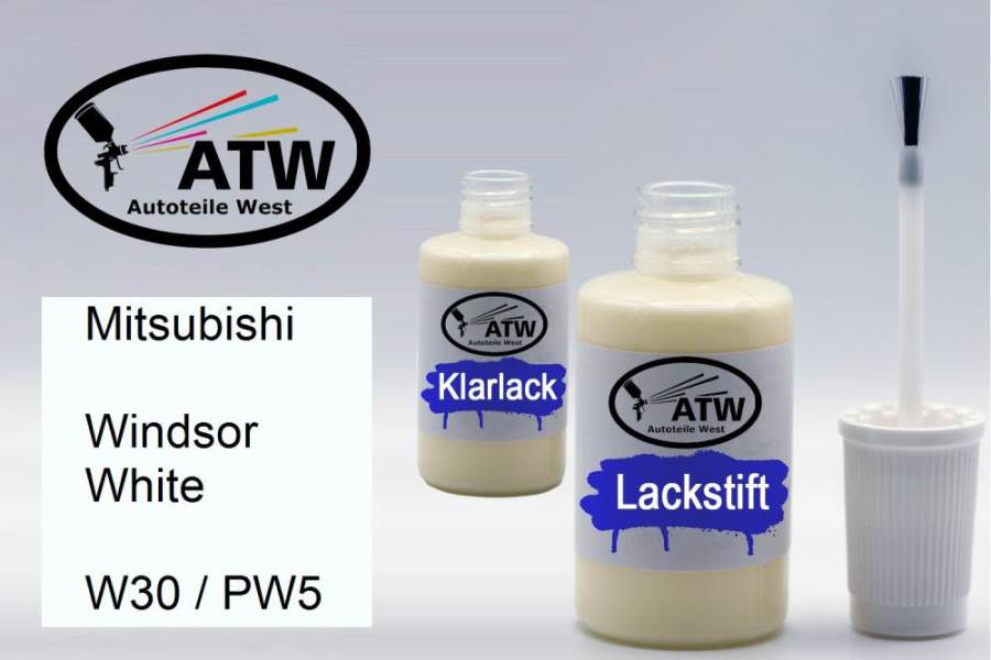 Mitsubishi, Windsor White, W30 / PW5: 20ml Lackstift + 20ml Klarlack - Set, von ATW Autoteile West.